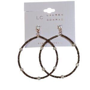LC Lauren Conrad Women's Rose Gold Plated Brown CZ Frontal Hoop Earrings